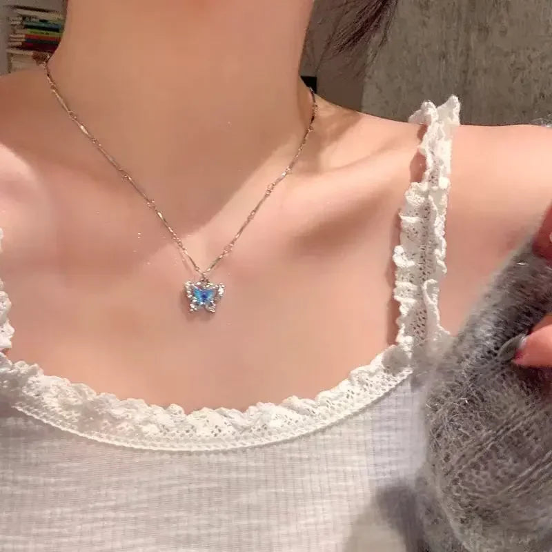 Romantic Blue Crystal Butterfly Necklace for Women Girls Simple Shiny Zircon Bilayer Choker Clavicle Chain New Fine Jewelry Gift