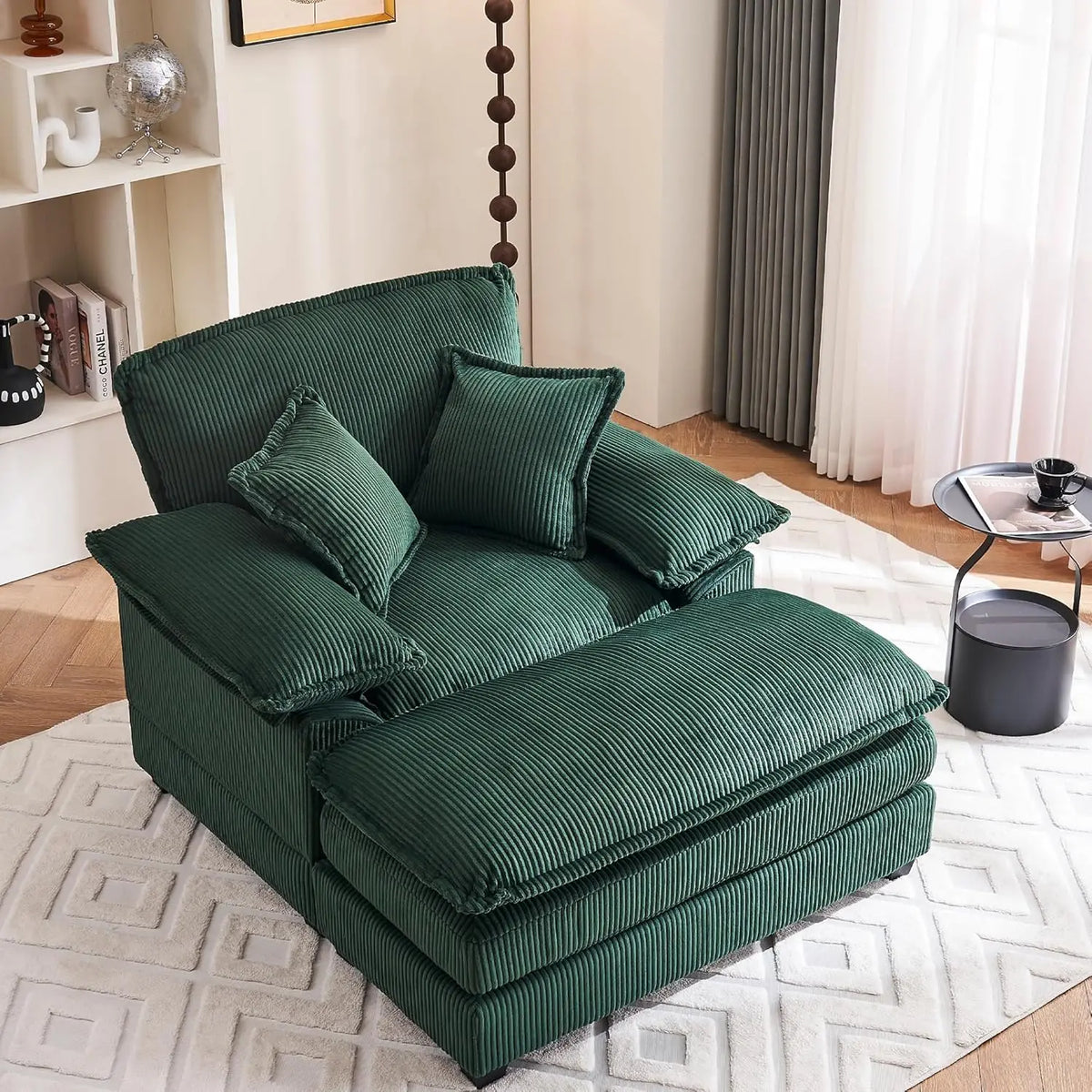 46.9' Oversized Corduroy Chaise Lounge Chair with Ottoman, Comfy Indoor Reading Chair for Living Room Bedroom (Green)