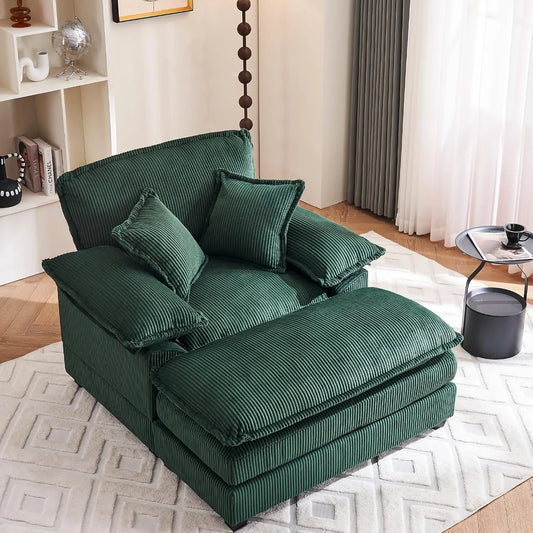 46.9' Oversized Corduroy Chaise Lounge Chair with Ottoman, Comfy Indoor Reading Chair for Living Room Bedroom (Green)