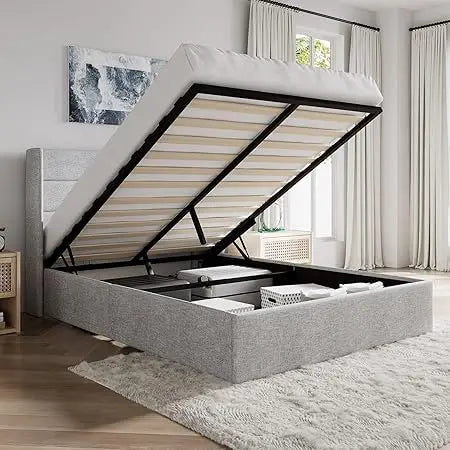 SHA CERLIN Full Size Lift Up Storage Bed/Modern Wingback Headboard/Upholstered Platform Bed Frame/Hydraulic Storage/No Box Sprin