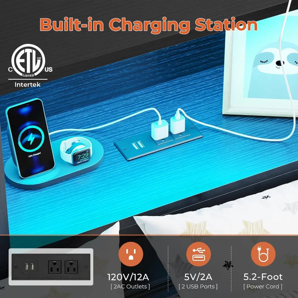 DICTAC Full Corner Bed Frame with Bookcase Storage and Led Lights Metal Platform Bed Frame with 2 Drawers and Charging Station F