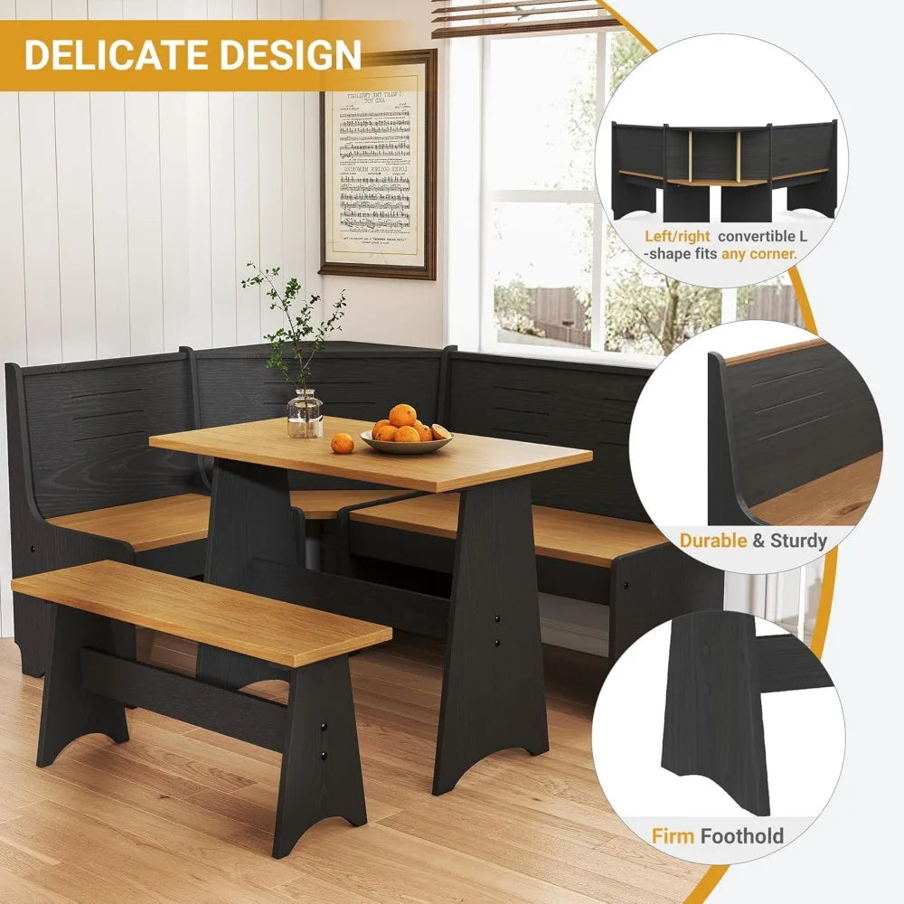 Space-Saving L-Shaped Breakfast Nook Set for 3-4 Seats with Hidden Storage - Corner Kitchen Dining Table and Bench Set in Farmho