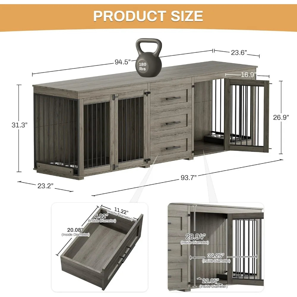 94.5" large dog crate furniture for 2 dogs, double wooden dog kennel furniture with 4 dog bowls & 3 drawers, heavy duty indoor