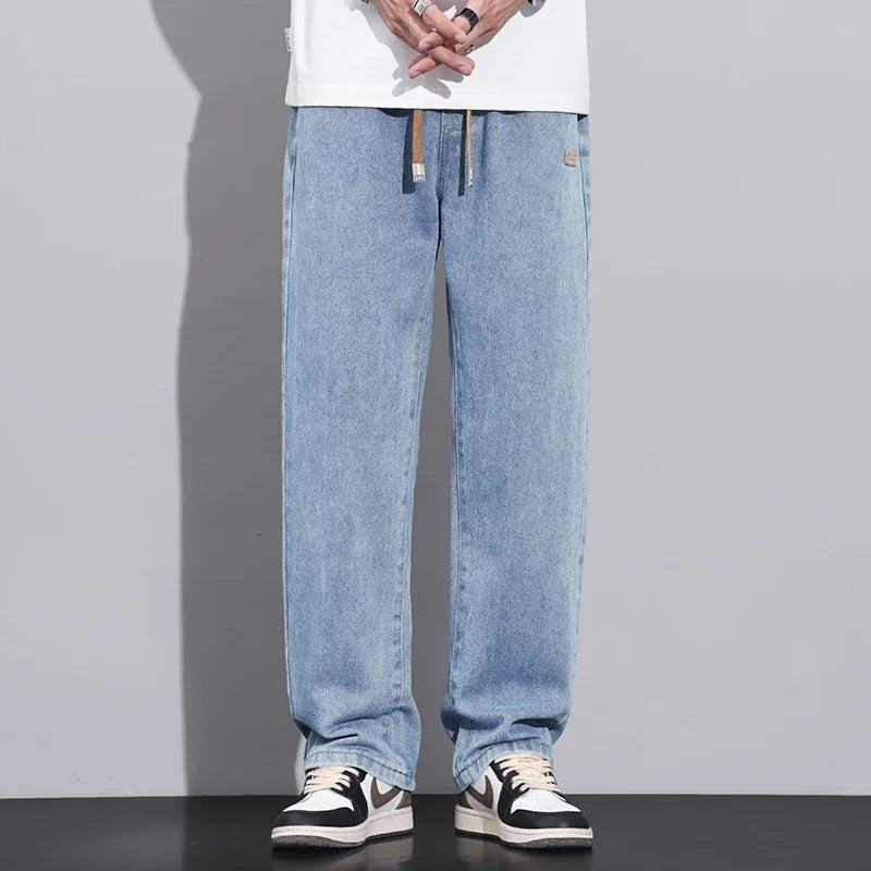 Men Dark Blue Blue Stretch Elastic Waist Denim Pants Streetwear Loose Full Length Trousers Straight Wide Leg Drawstring Jeans