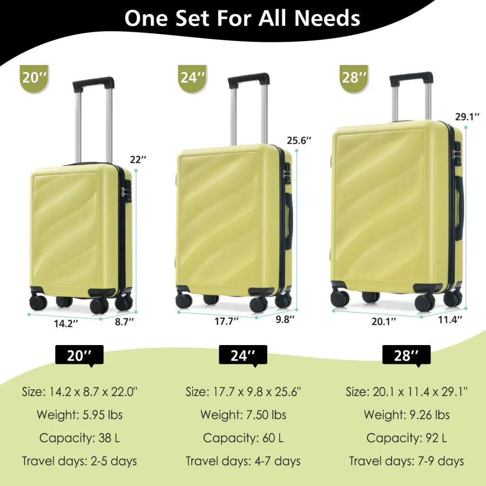 Luggage Set 3 Piece Durable ABS Suitcases with Spinner Wheels and TSA Lock, Carry-on & Checked Travel Luggage (20"/24"/28")
