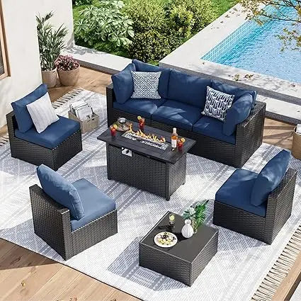 8 Piece Patio Furniture Set with 44” Fire Pit Table Wicker Rattan Patio Sectional Sofa Set Outdoor Seating Furniture with Thick