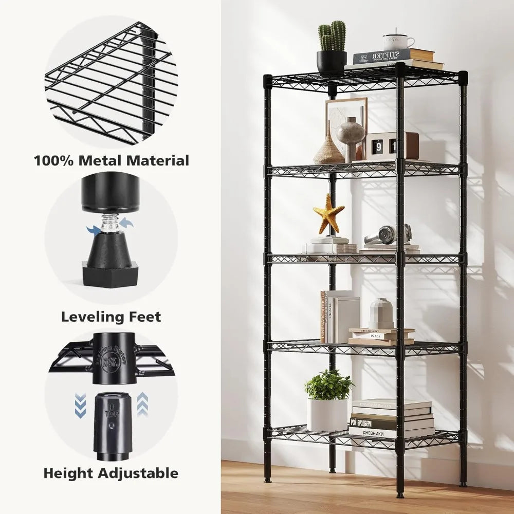 5-Tier Adjustable Metal Wire Storage Shelves, Heavy Duty Steel Rack for Kitchen Bathroom Garage, Black