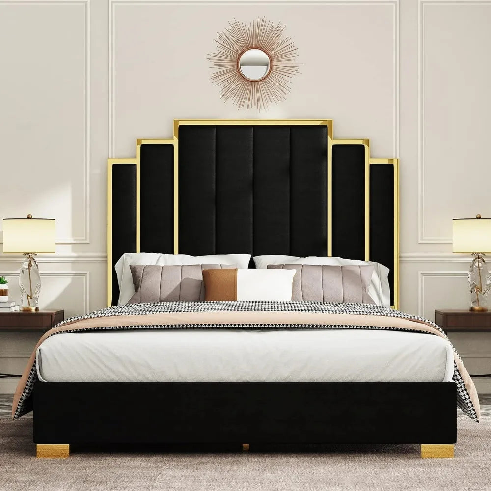Albott Queen Size Platform Bed Frame, 61.4 Velvet Upholstered Bed with Gold Trim Headboard/Wooden Slats/No Box Spring Needed/Bla