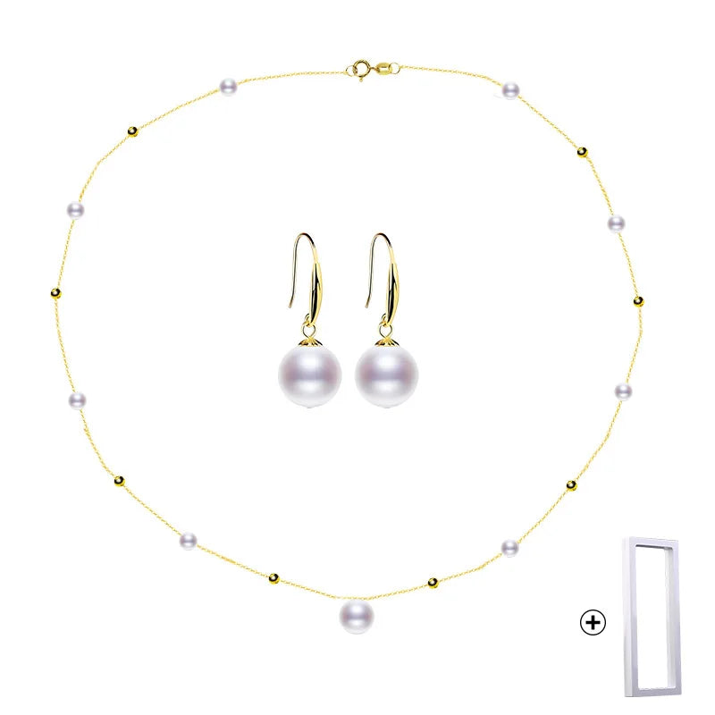 NYMPH 18K Gold Pearl Jewelry Set Natural Freshwater Pearl Necklace Pure AU750 Earrings for Women Wedding Gift t424