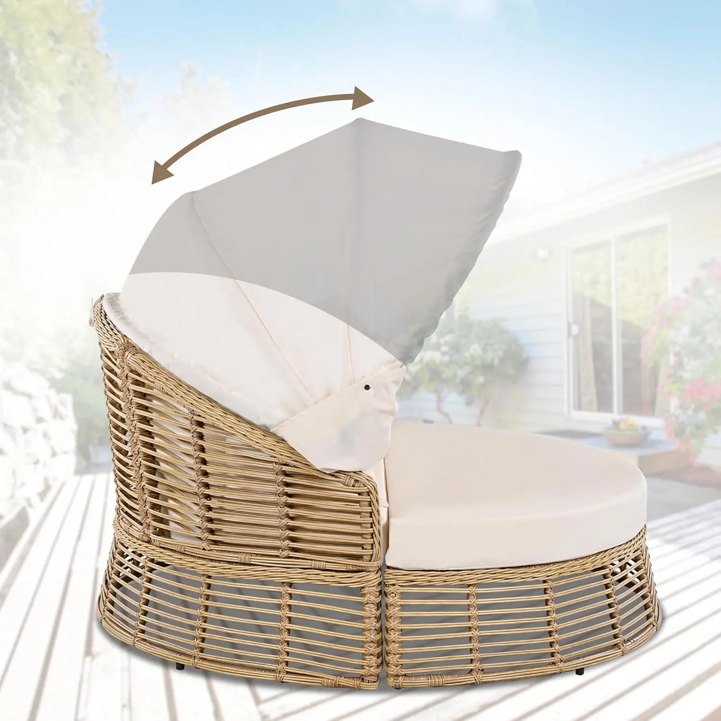 Outdoor Patio Rattan Round Daybed with Retractable Canopy Wicker Furniture Round Poolside Sofa Sunbed with Removable Cushions (B