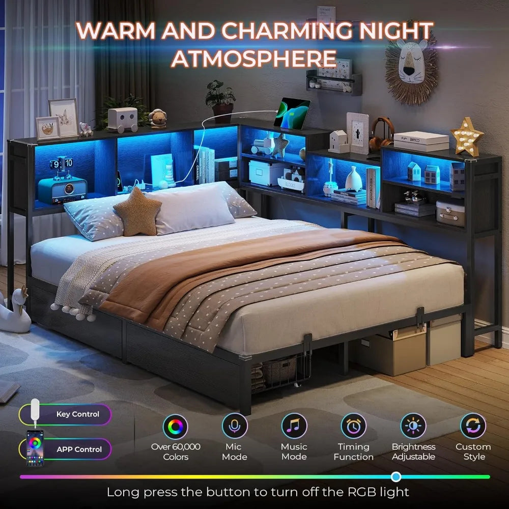 DICTAC Full Corner Bed Frame with Bookcase Storage and Led Lights Metal Platform Bed Frame with 2 Drawers and Charging Station F