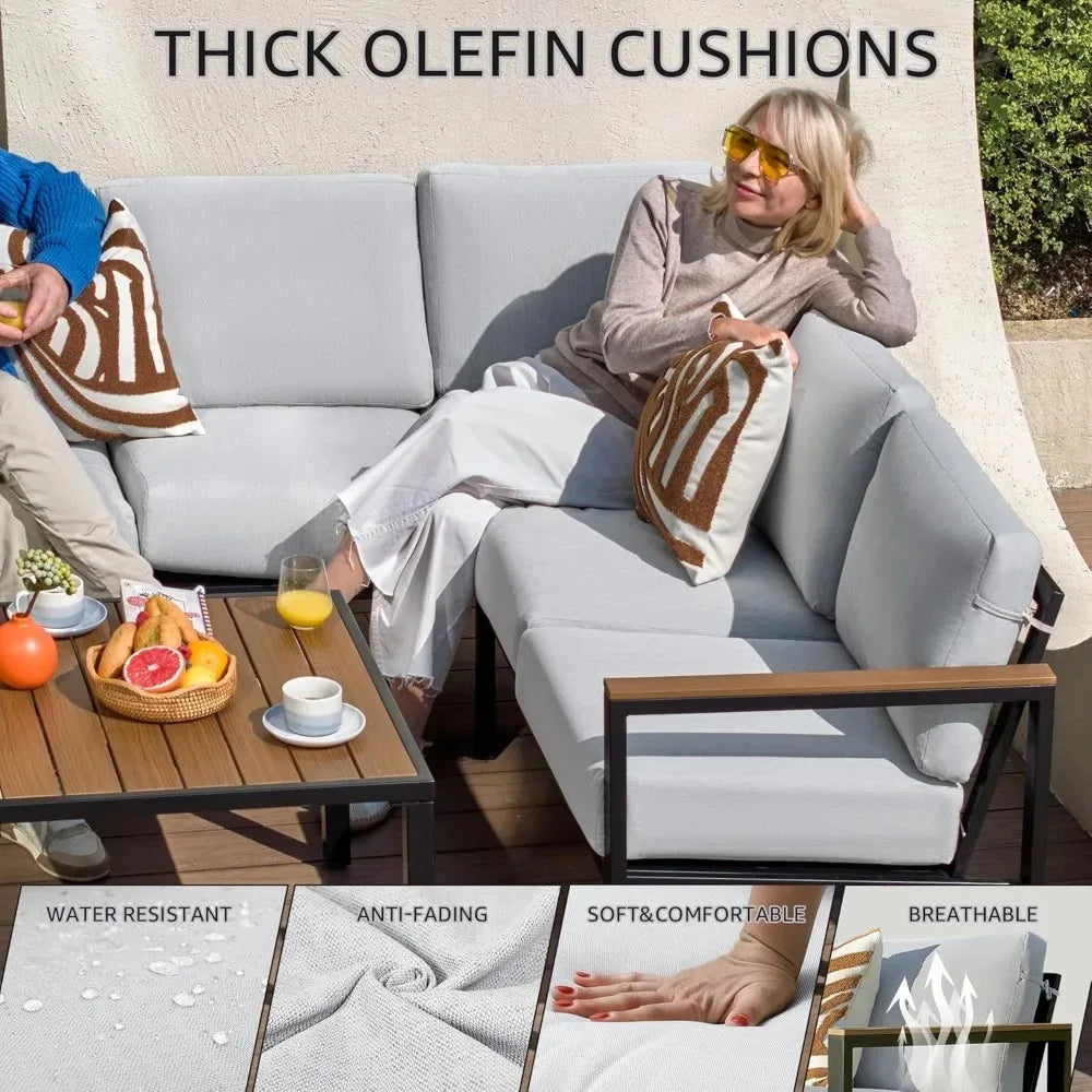 6 Pieces Outdoor Patio Furniture Set with Thick Olefin Cushions Ergonomic Design Highback Fauxwood Armrest And Tabletop