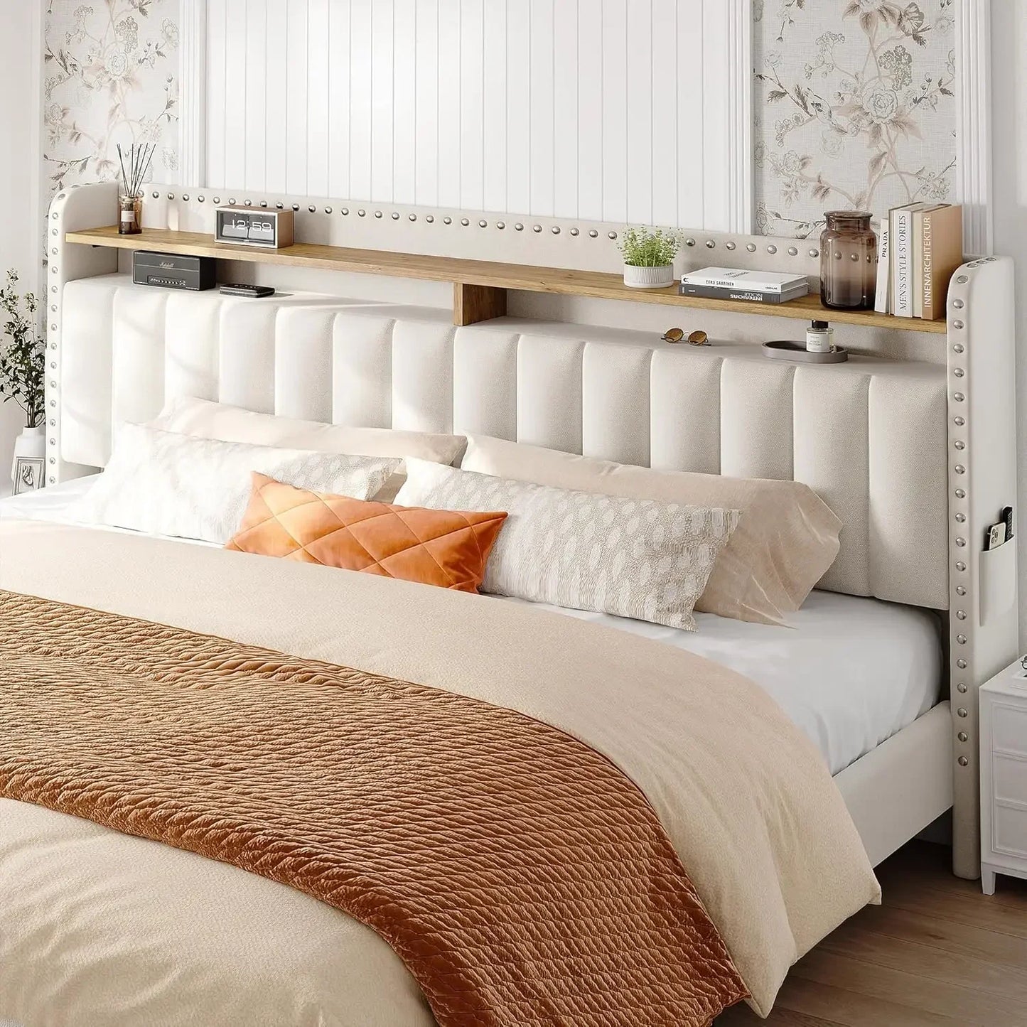 King size bed frame with storage and headboard, cushioned king size bed frame, king size bed frame with 2 drawers, noise free