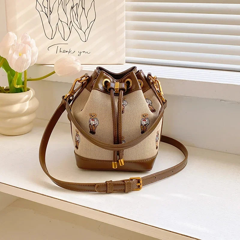 Women's Small Bucket Bag | Collision-color Design, Bear Embroidery Accents, Premium Faux Leather, Simple Casual Style, Versatile