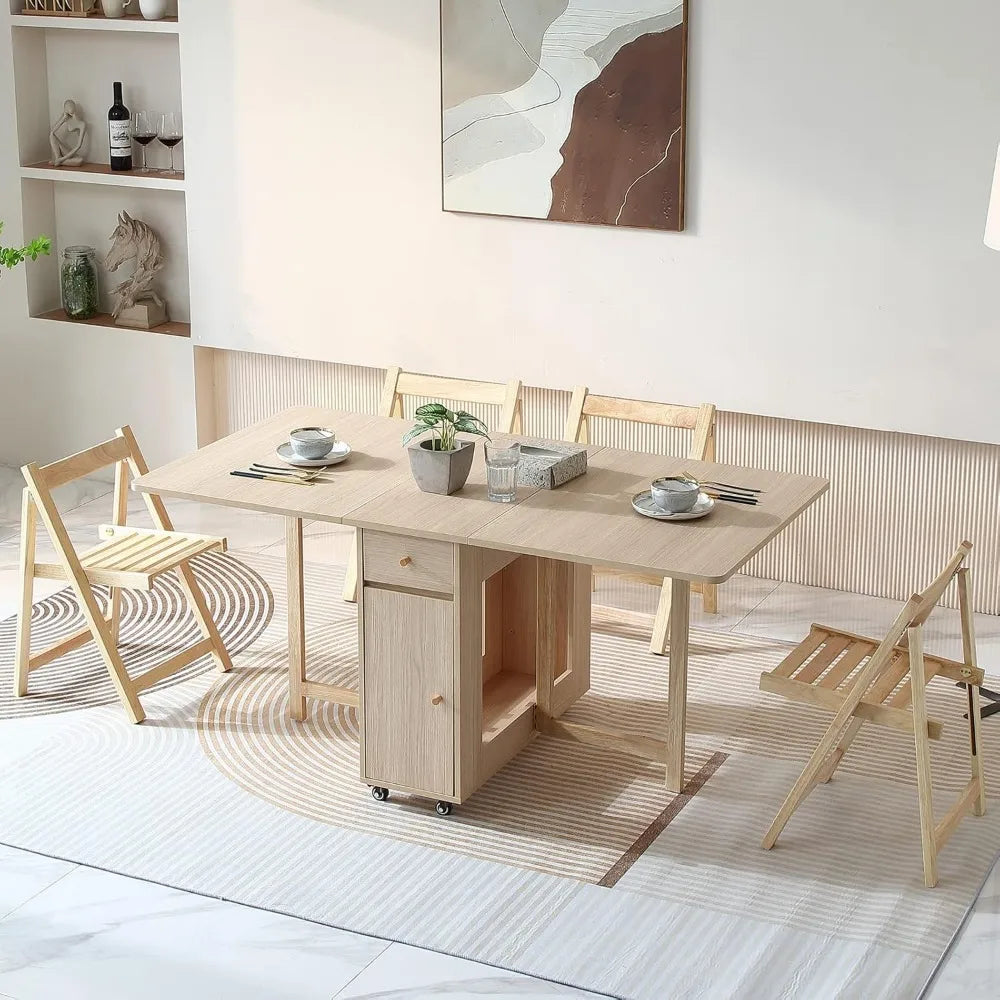 Folding Dining Table with Drop Leaves, Two Drawers, and Four Wheels for Space-Saving in Farmhouse-Style Living and Kitchen Areas