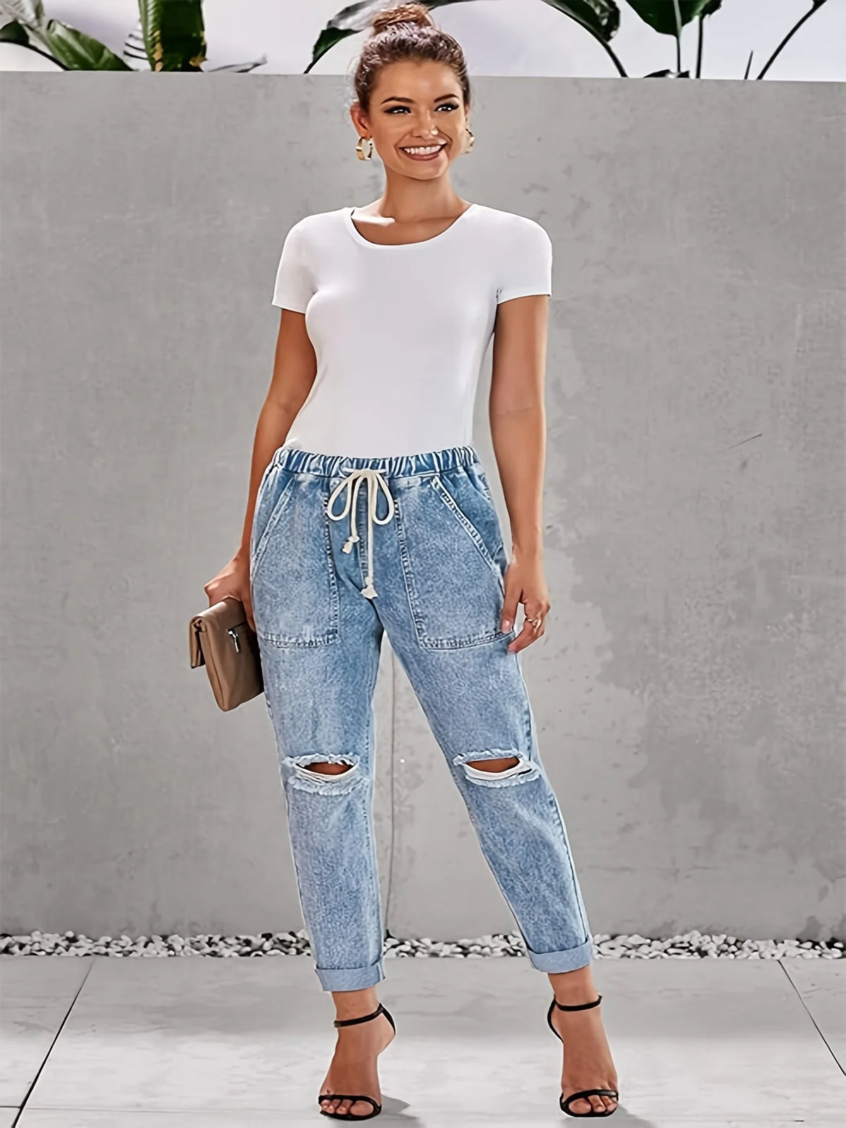 Women's fashionable wash light blue large pocket drawstring rubber waist-tightening hole straight-tube casual jeans