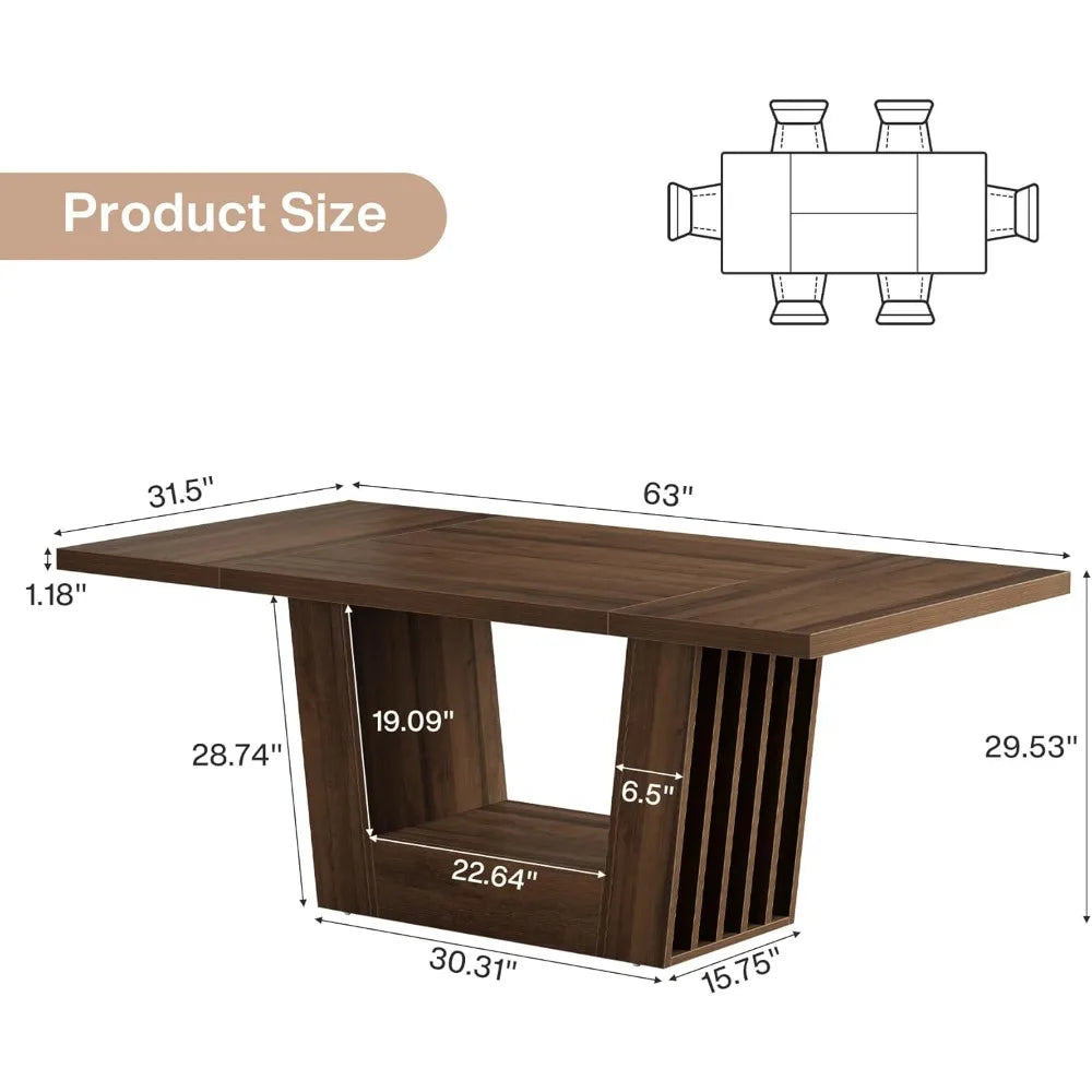 Farmhouse Style Rectangular Dining Table Seats 4-6, Heavy Duty Base, Wooden Kitchen Dinner Furniture for Casual Dining