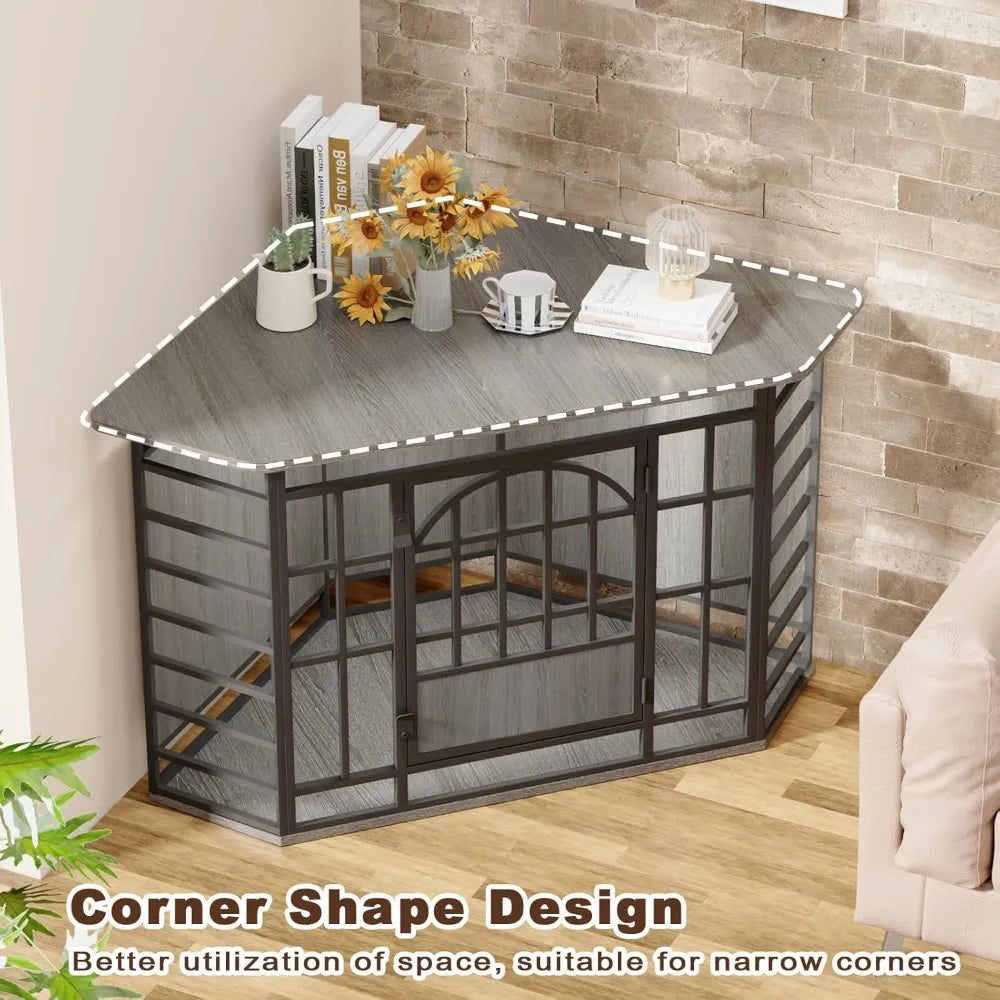 corner dog crate furniture, 52 inch large dog kennel indoor wooden end table, modern dog cage decorative pet house tv stand for
