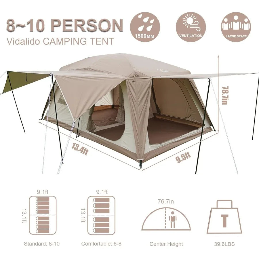 8-10 Person Camping Tent with 3 Door 2 Room Large Family Cabin Tents, Double Layer Waterproof Portable Glamping Tent, Big Tents