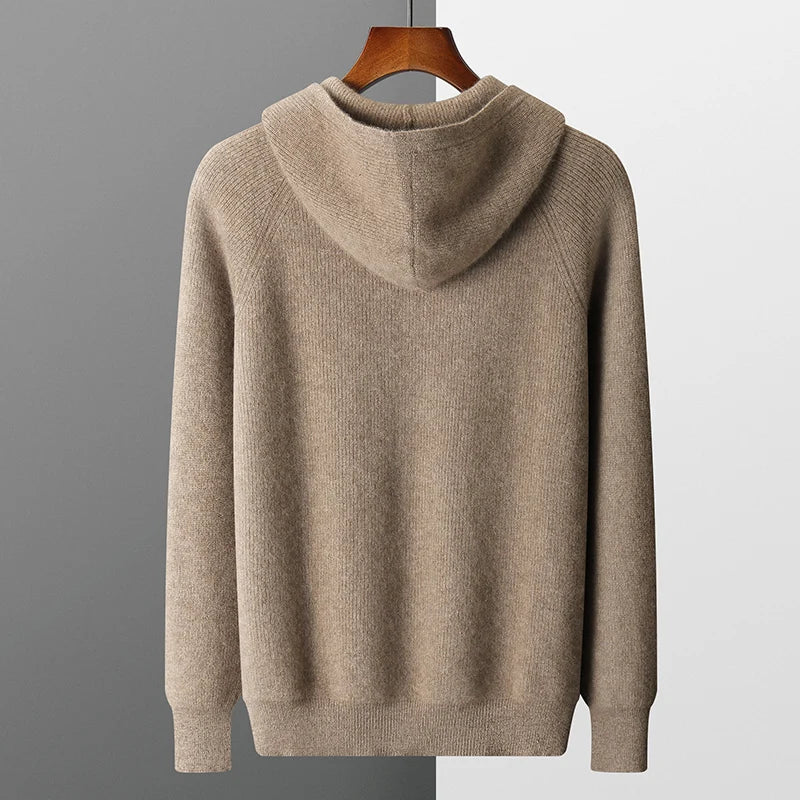 Men 100% Merino Wool Sweater Hooded Zipper Cardigan Autumn Winter Thickened Knit Large-size Jacket Long Sleeved Sportswear Coat