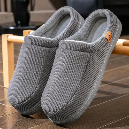 Warm Slippers for Men TPR Sole Memory Foam Soft Cushion Non Slip Stripe Design Comfortable Corduroy House Shoes