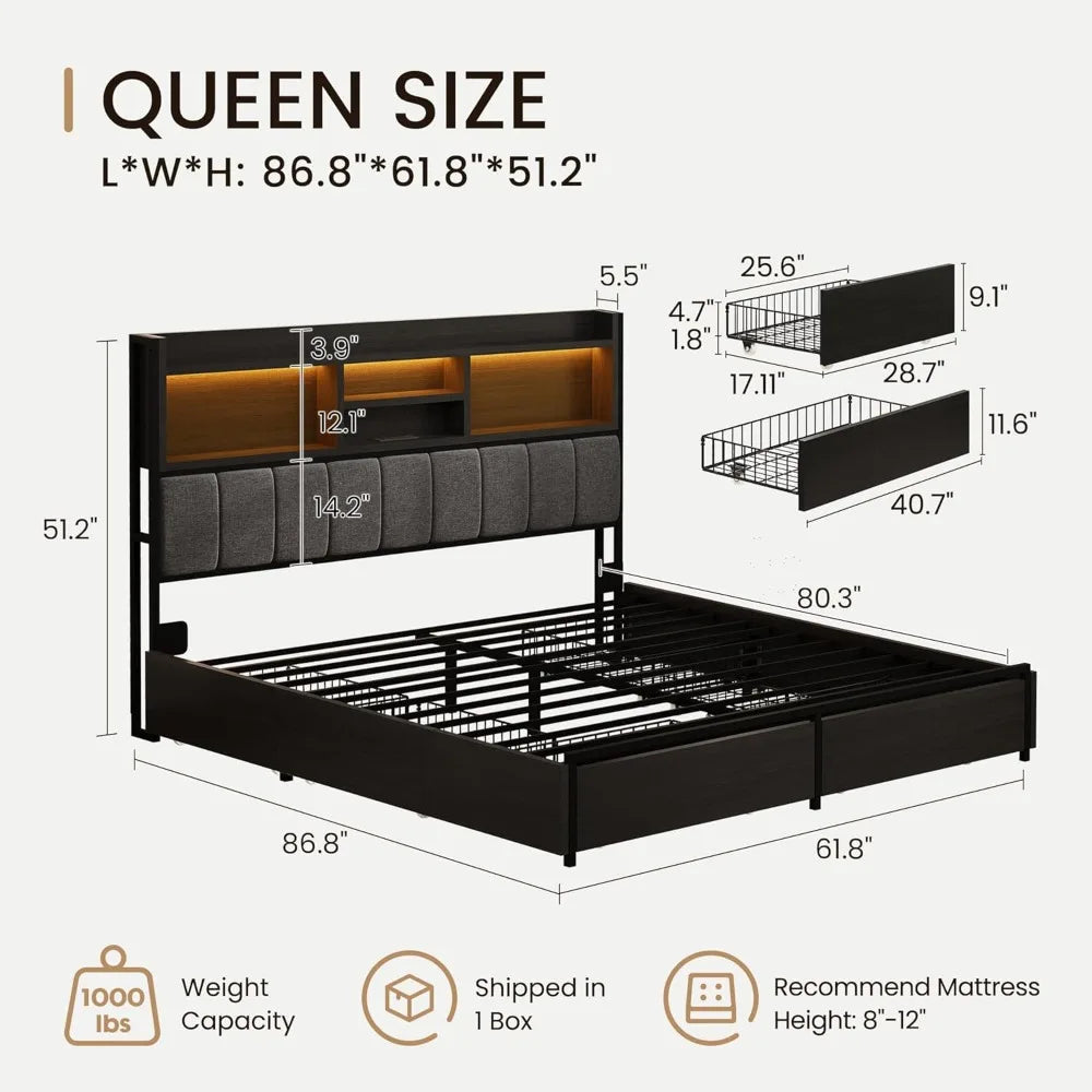 Queen Bed Frame with 6 Storage Drawers, Linen Upholstered Headboard, Built-in USB Charging Station & LED Lighting, Silent Metal