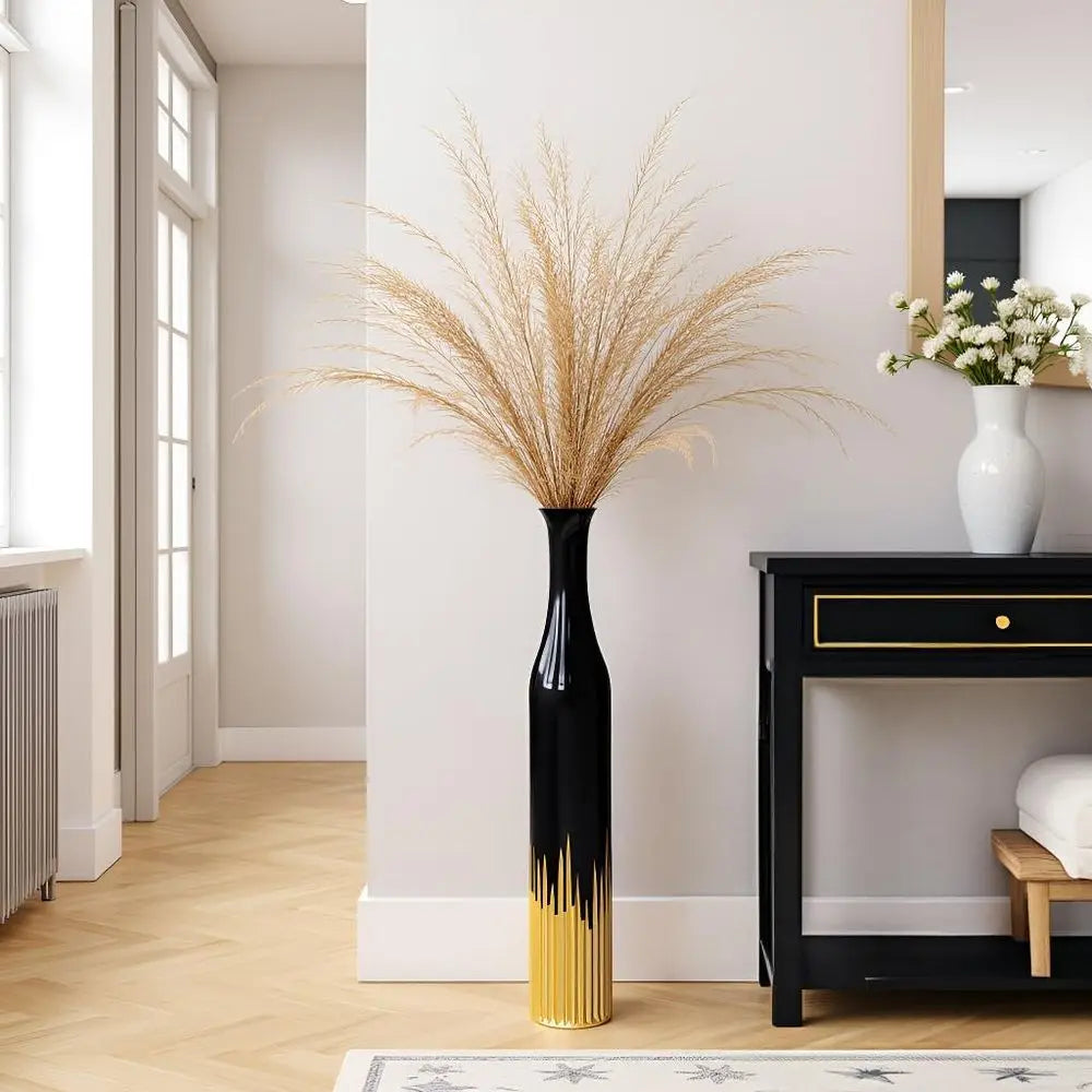 Black Tall Cylindrical Decorative Floor Vase with Gold Tooth Design for Home Living Room Entryway Wedding Resin Vases