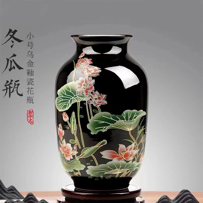 Exquisite Chinese Classical old hand painted Black porcelain lotus vase