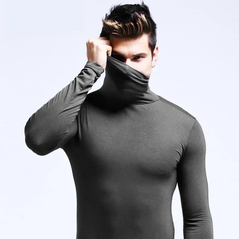 Spring New Men's Turtleneck T-shirt Long Sleeve Slim Fit Solid Color High Elastic Bottoming Pullovers Basic Style Male Tops