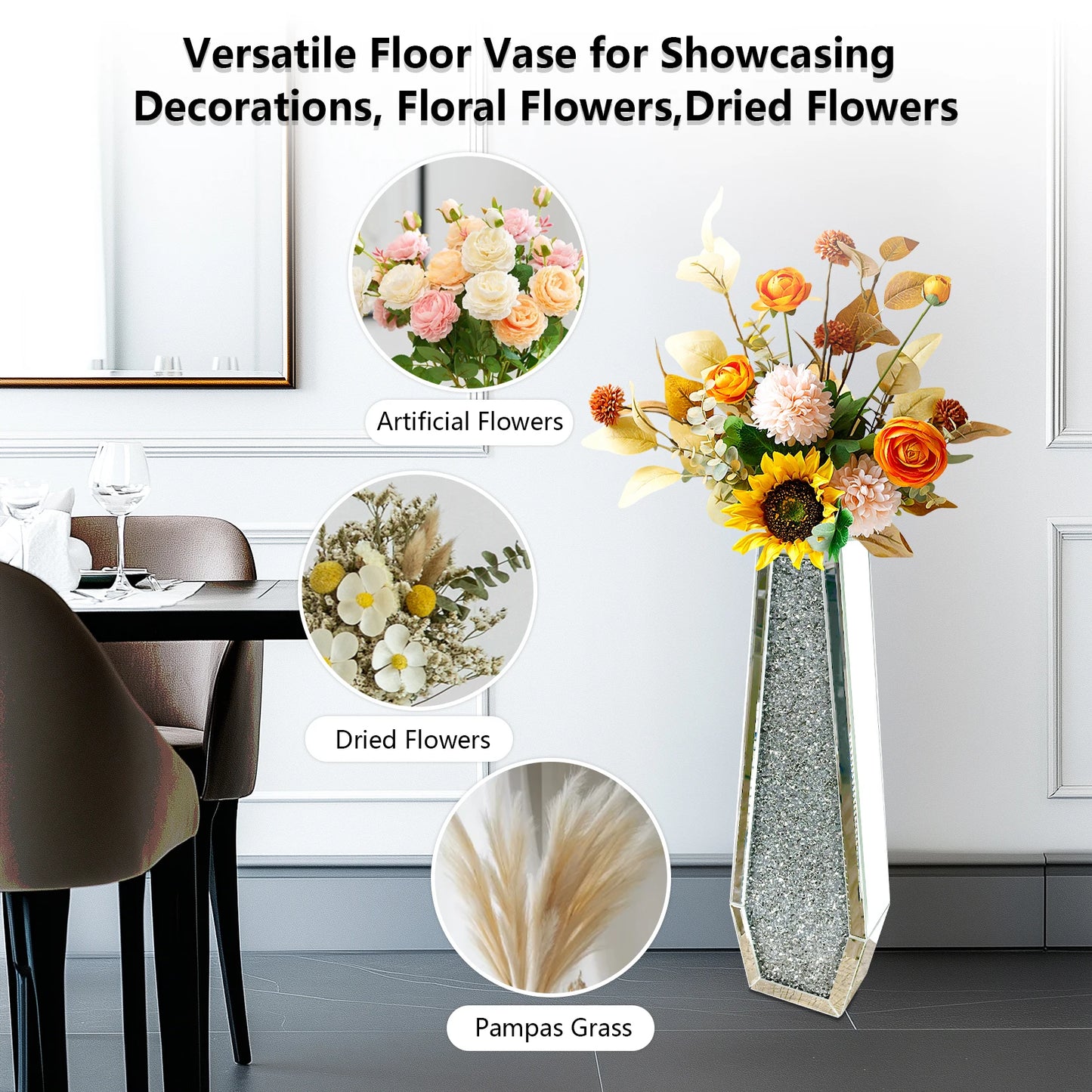2 Styles Floor Crushed Diamond Mirrored Vase Crystal Silver Glass Decorative Mirror for Holding Pampas Grass Plant, Dried Flower