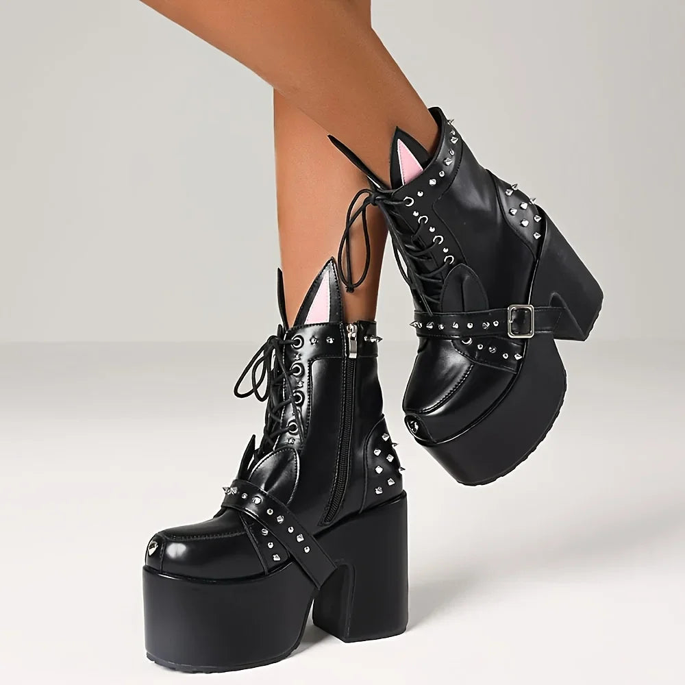 Women's Y2K Goth Ankle Boots Fashion Punk Rivet Buckle Platform Chunky High Heels Cute Ear Decoration Street Cosplay Boots Woman