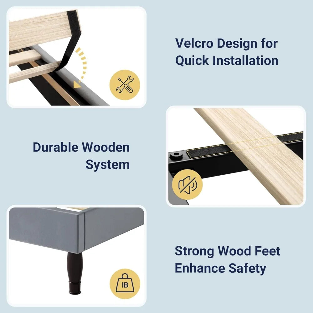 Adjustable Velvet Tiara Headboard King Size Bed Frame with Upholstered Diamond Button Tufted Platform and Wood Slats Support