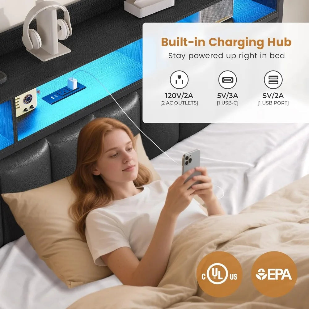 California King Bed Frame with 10 Storage Drawers, RGB LED Bookcase Headboard, and PU Upholstered Cal King Bed with Charging Sta