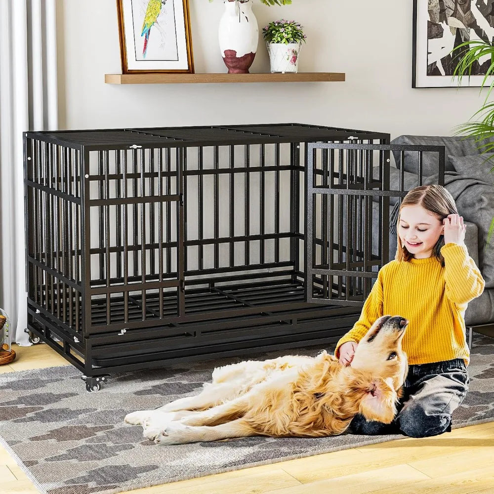 48 Inch Heavy Duty Dog Crates, Escape Proof Dog Cage Large Dogs with Wheels, Indestructible Steel Dog Cage with Upgraded