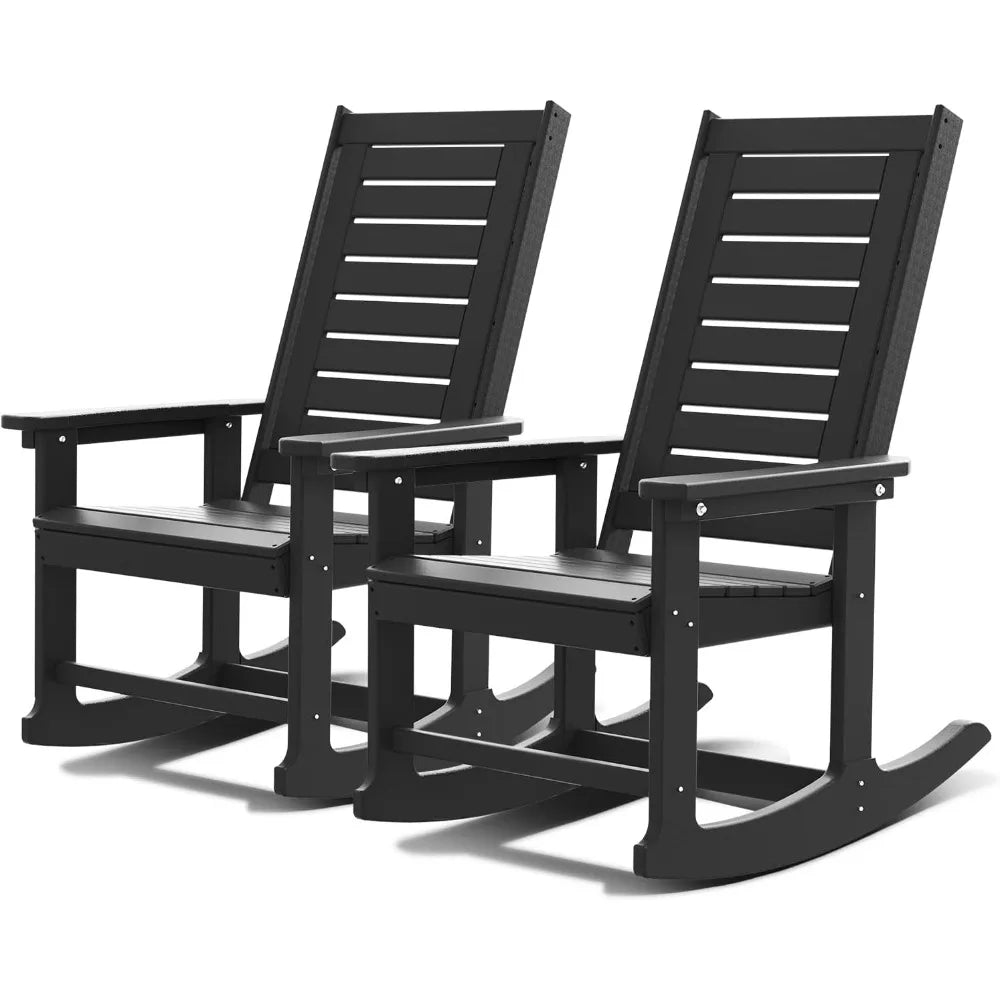Outdoor Rocking Chairs Set of 2 Porch Rocker  HDPE Plastic Oversized Rockers High Back  Big & Tall Ladder Back for Patio Outside