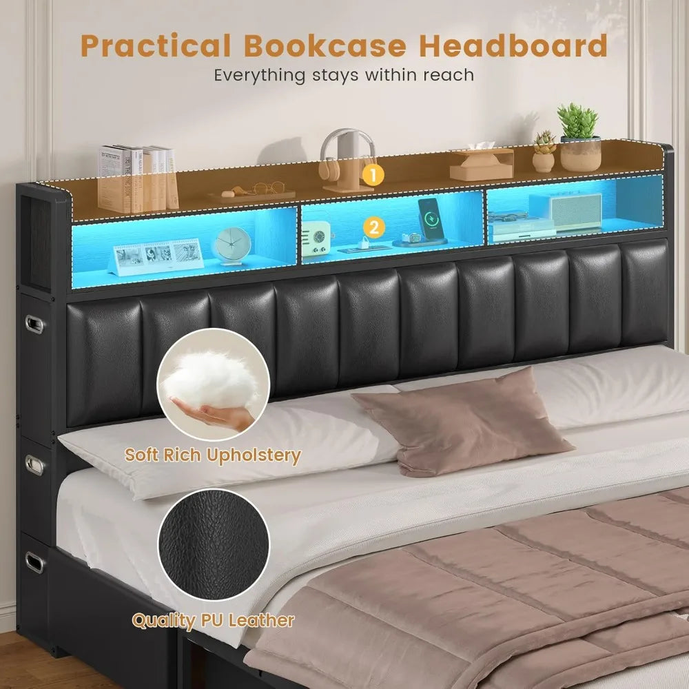 California King Bed Frame with 10 Storage Drawers, RGB LED Bookcase Headboard, and PU Upholstered Cal King Bed with Charging Sta