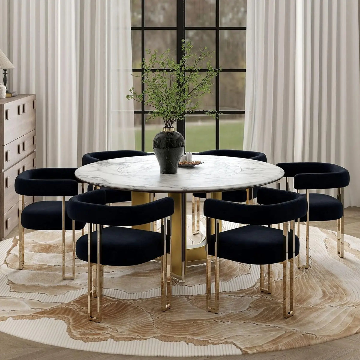 Dining Chairs Set of 6, Modern Black Barrel Chairs with Arms and Elegant Golden Legs