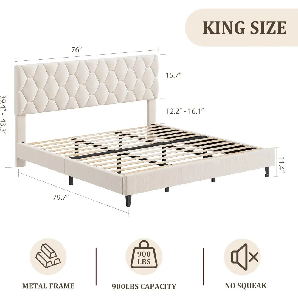 Beige King-Size Upholstered Headboard Bed Frame, Sturdy Wood Platform Base with Adjustable Headrest