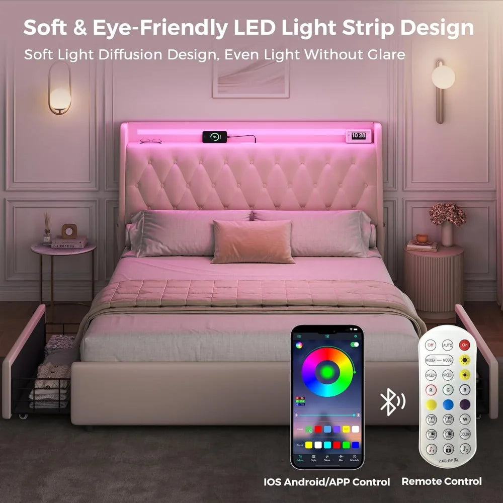 Velvet Upholstered Queen Bed Frame with Storage Drawers and Hidden Headboard, Platform Bed with Charging Station and Button Tuft