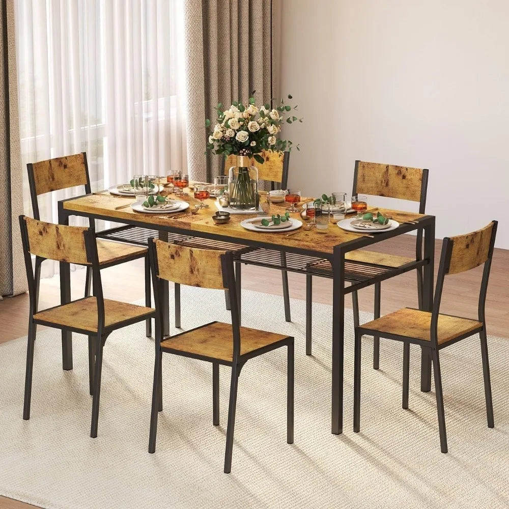 Dining Table Set for 6 with Chairs, 7-Piece Kitchen Table Set for Small Space, Apartment, Kitchen, Dining Room, Space-Saving