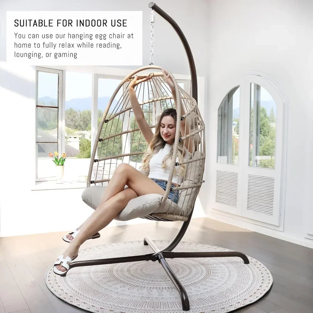 Rattan Wicker Hanging Egg Chair with Stand for Patio Swing Chair with Cushion And Pillow for Indoor Outdoor Use