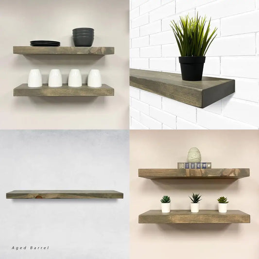 Solid Wood Heavy Duty Rustic Floating Shelves Set of 2 with Hidden Brackets, Wall Mounted, Grey, 12 Inches Wide x 6 Inches Deep,