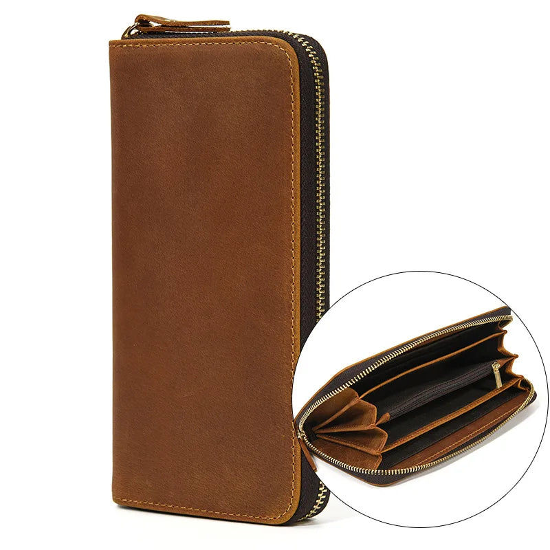 Luxury Double Zipper Women Men Long Wallet Vintage Leather Male Clutch Purse Man Phone Card Coin 100% Genuine Leather Men Wallet