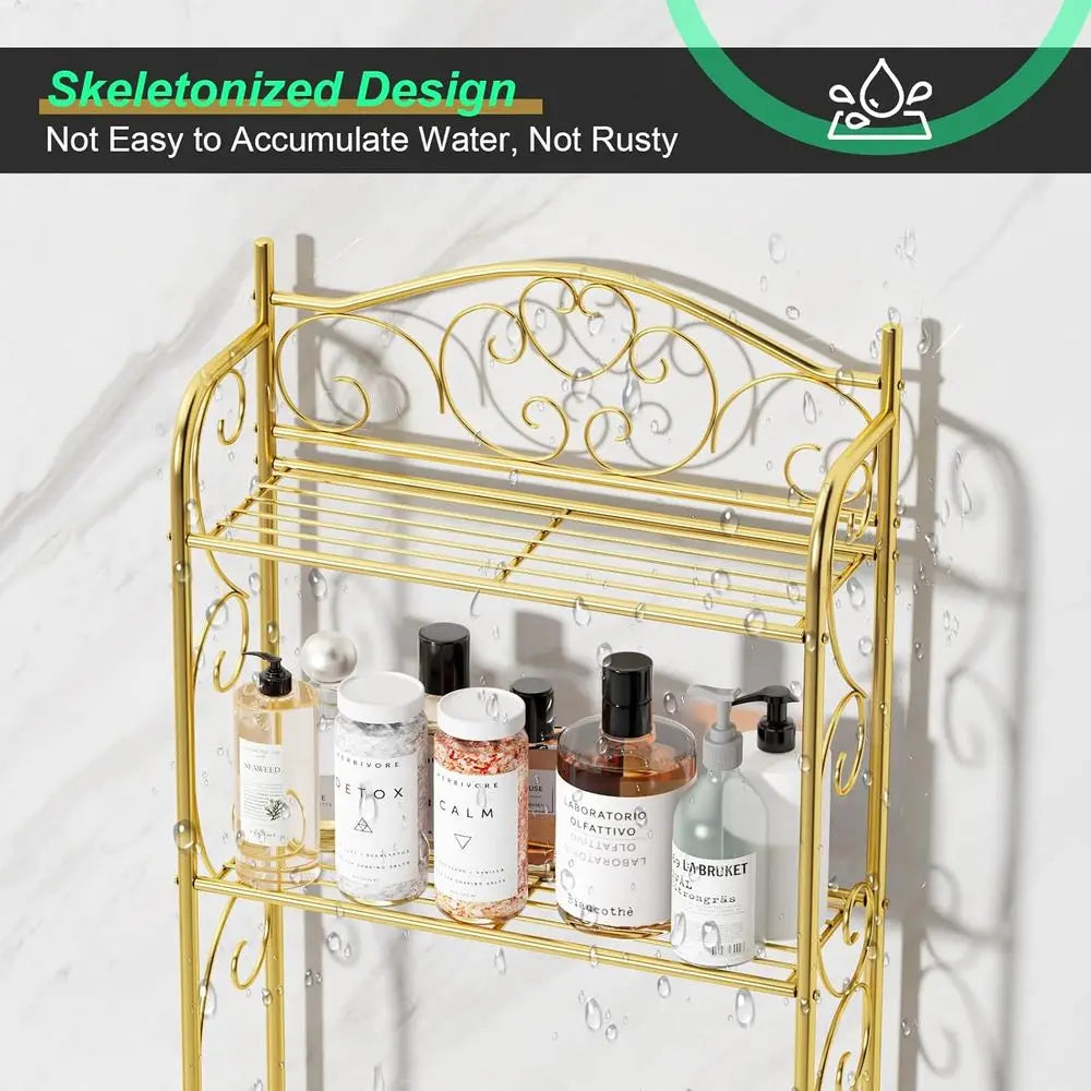 3-Tier Gold Toilet Storage Shelf, Freestanding Bathroom Organizer with Hooks, Space-Saving Over-the-Toilet Rack