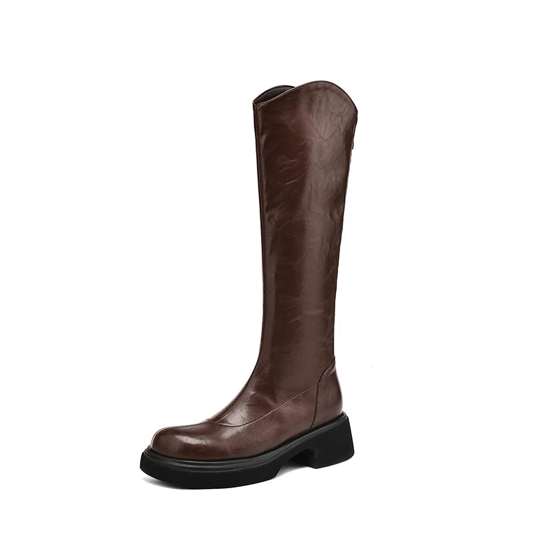 Ods  Footwear Elegant Heeled Shoes for Women Brown Ladies Boots Platform Winter Knee High Shaft Heels Long Boot Free Shipping 42