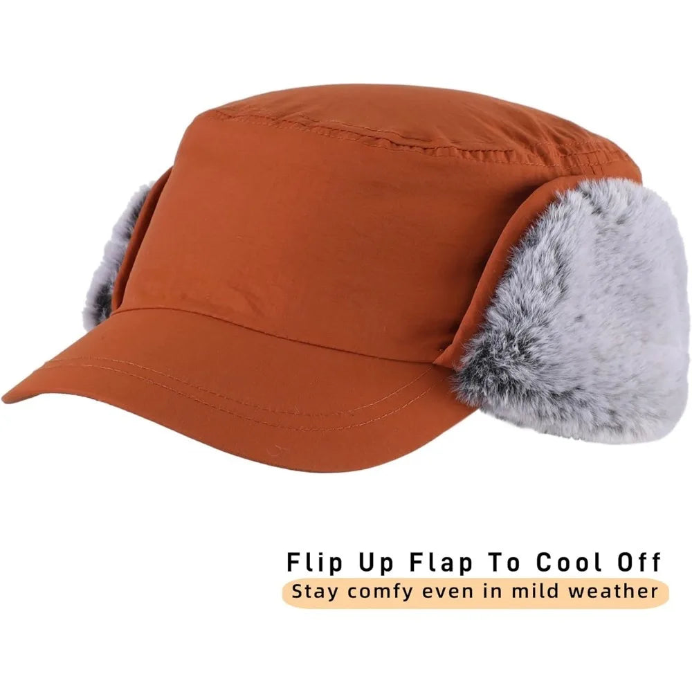 Men's Winter Hat with Visor Warm Earflaps Hat Fully Lined Faux Fur Baseball Cap Trapper Hunting Hats