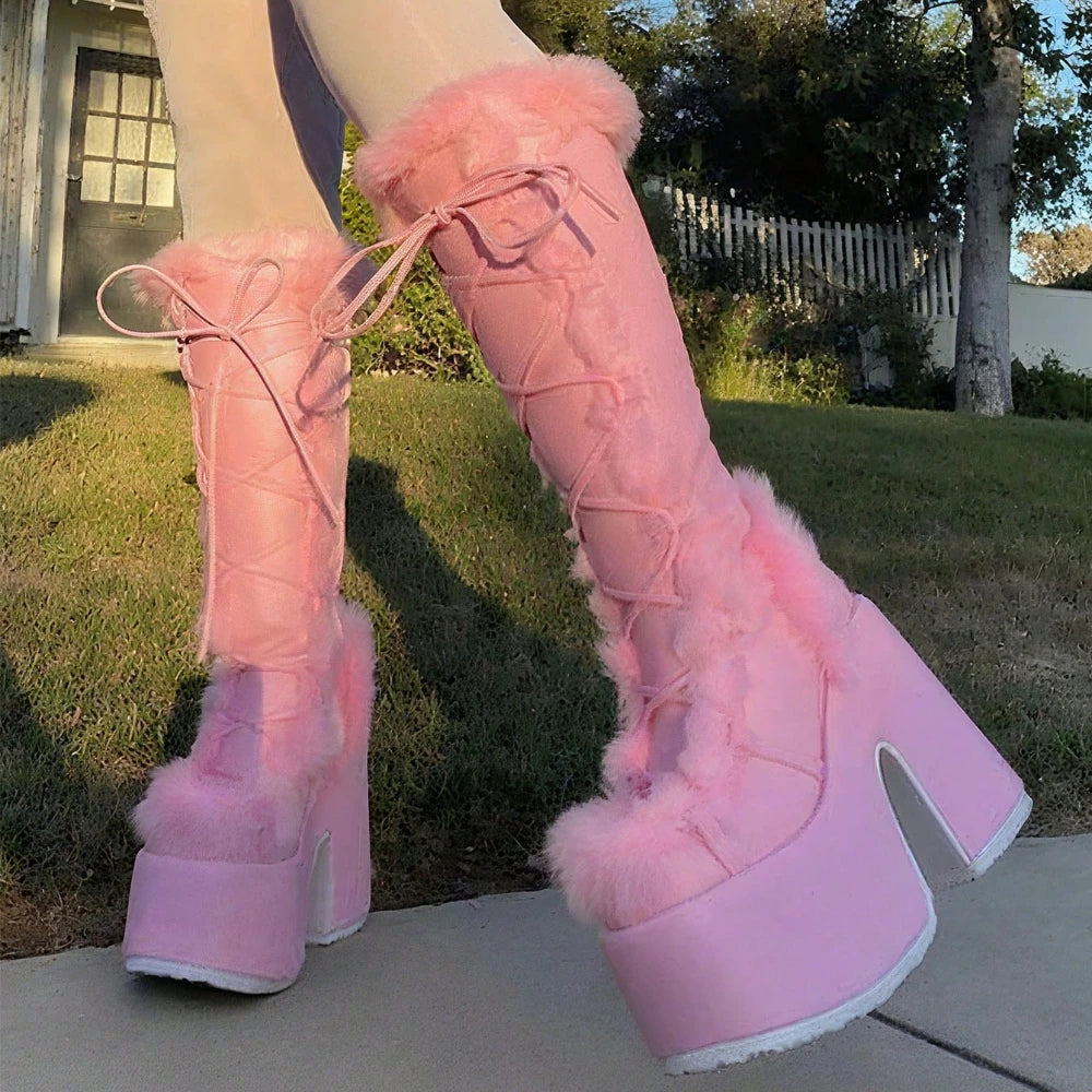 Warm Faux Fur Knee High Snow Boots For Women Punk Goth Platform Chunky High Heel Side Zipper Walking Winter Boots