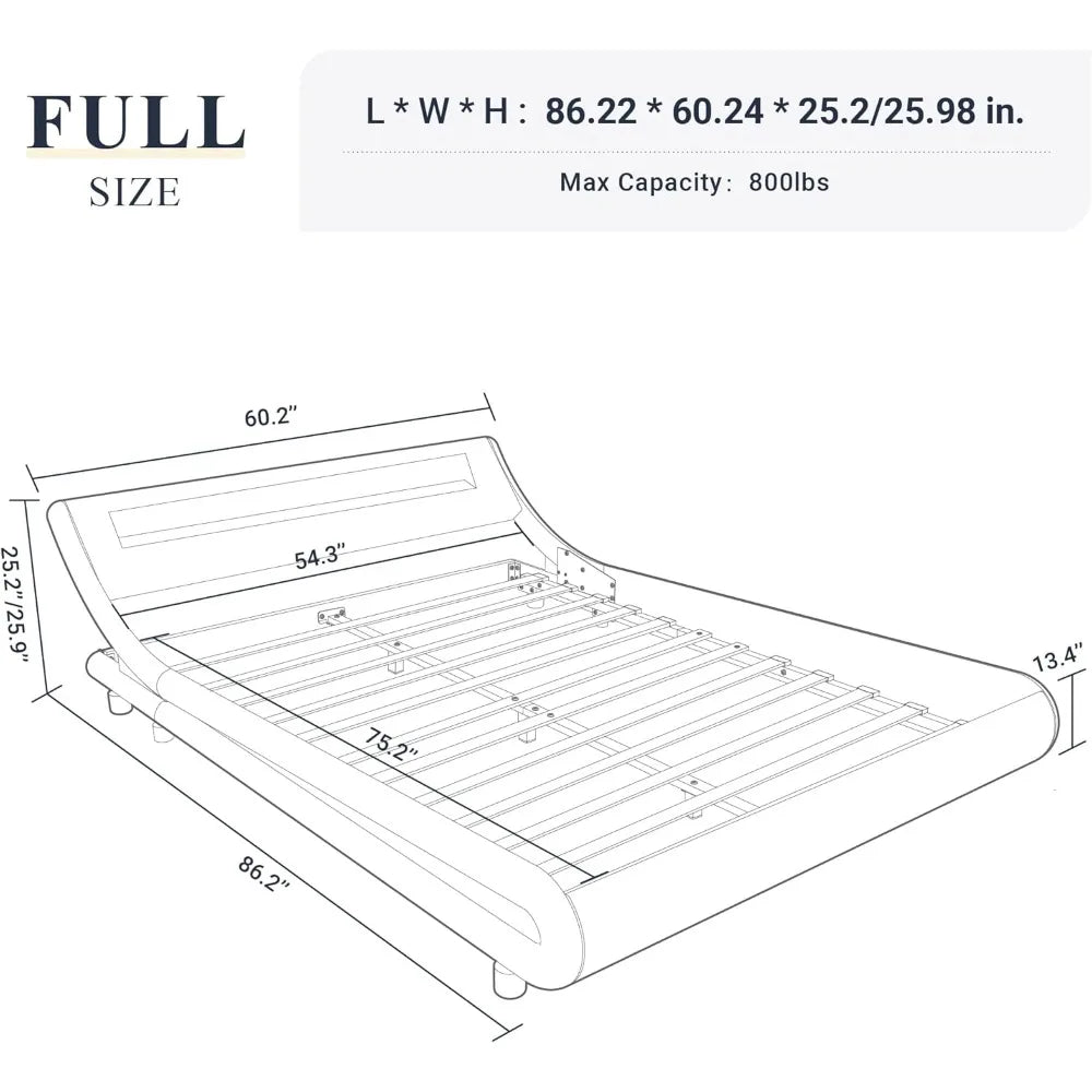 Full Size LED Platform Bed Frame with Adjustable Headboard, No Box Spring Required, Easy Assembly, Faux Leather in Black