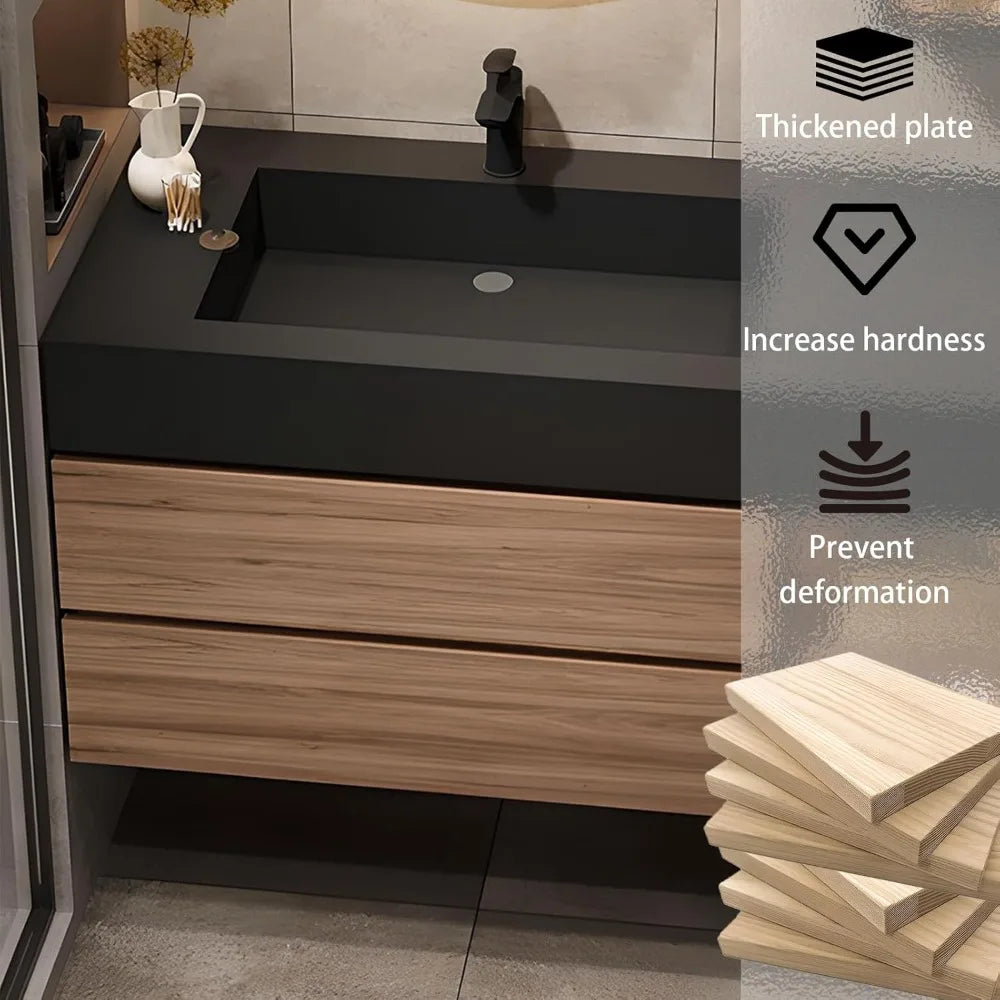 Floating Bathroom Vanity with Sink,Wall Mounted Cabinet with Seamless Integrated Basin,Walnut Color, Solid Wood Bathroom Cabinet