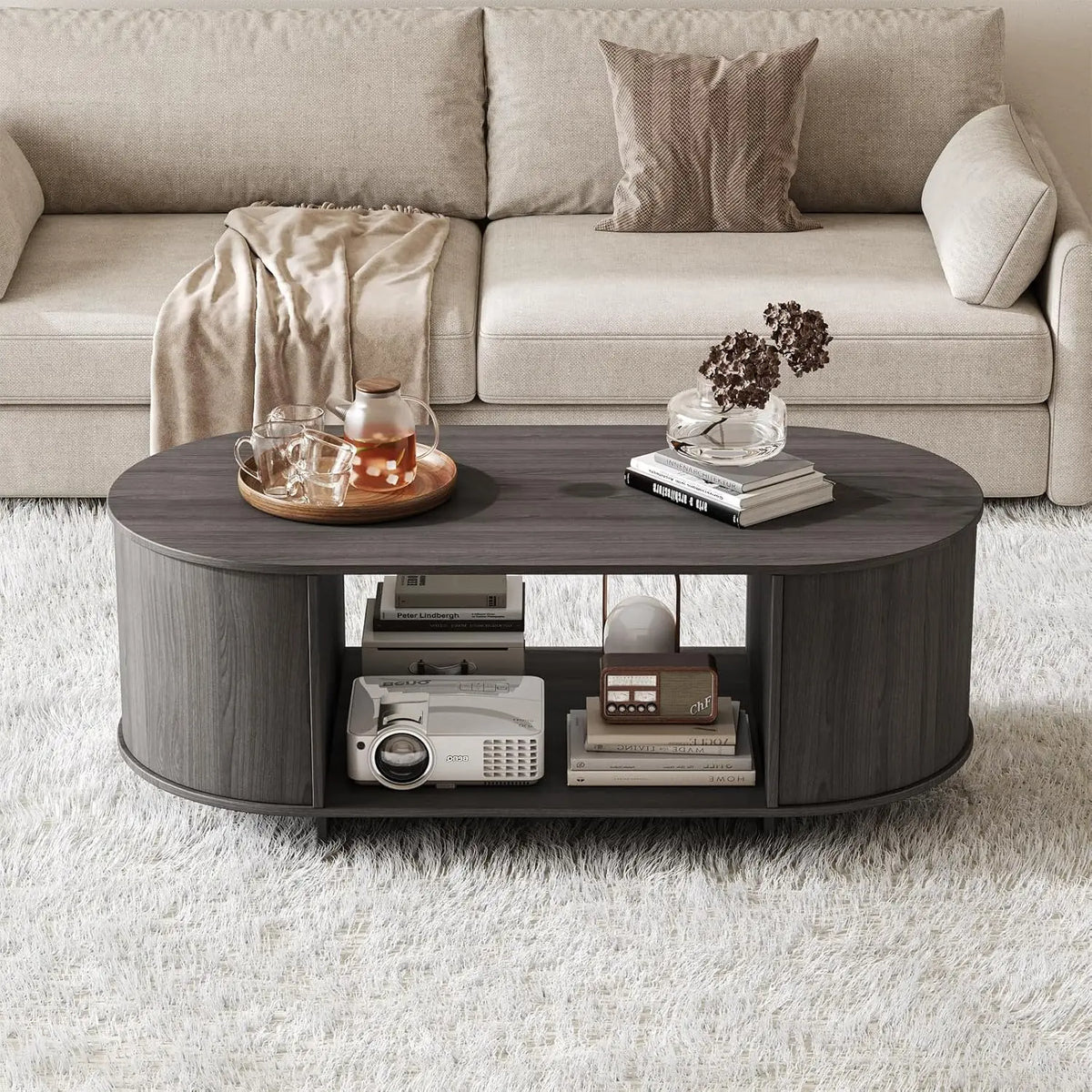 76.4'' Modern TV Console & Coffee Table Set, 4-Drawer Storage, Grey Oval Living Room Furniture